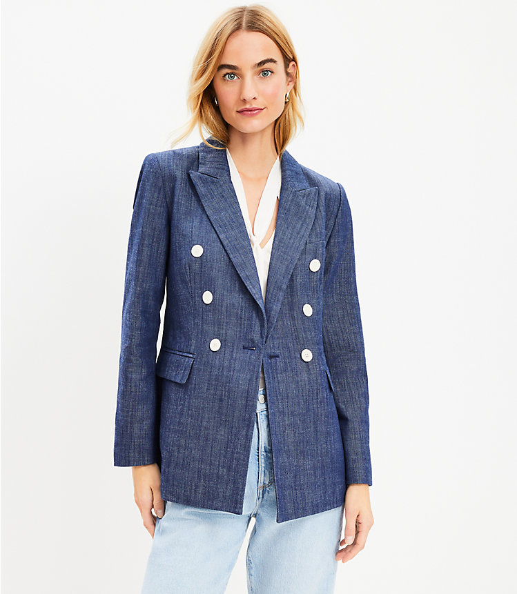 Petite Faux Denim Double Breasted Blazer image number null