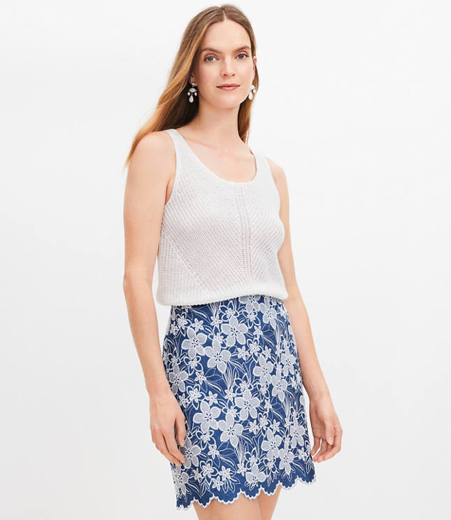 Embroidered Scalloped Shift Skirt - Chambray