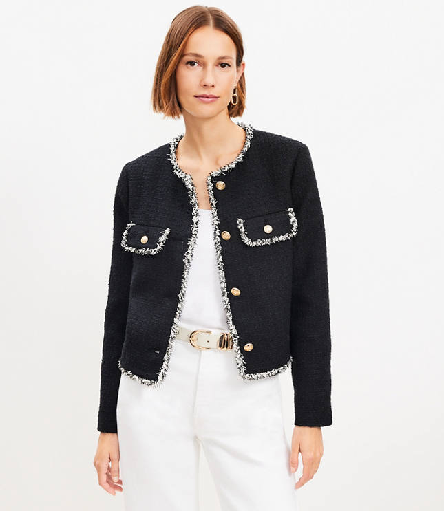 Faux leather + cropped tweed; Chanel-style jacket for petites