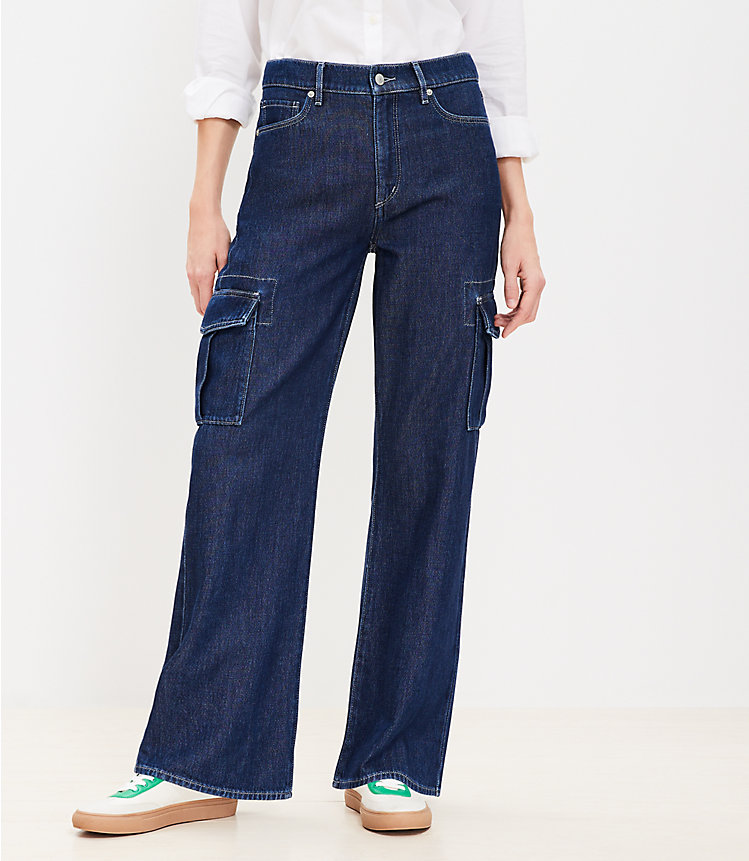 Petite High Rise Wide Leg Cargo Jeans in Dark Wash image number 0