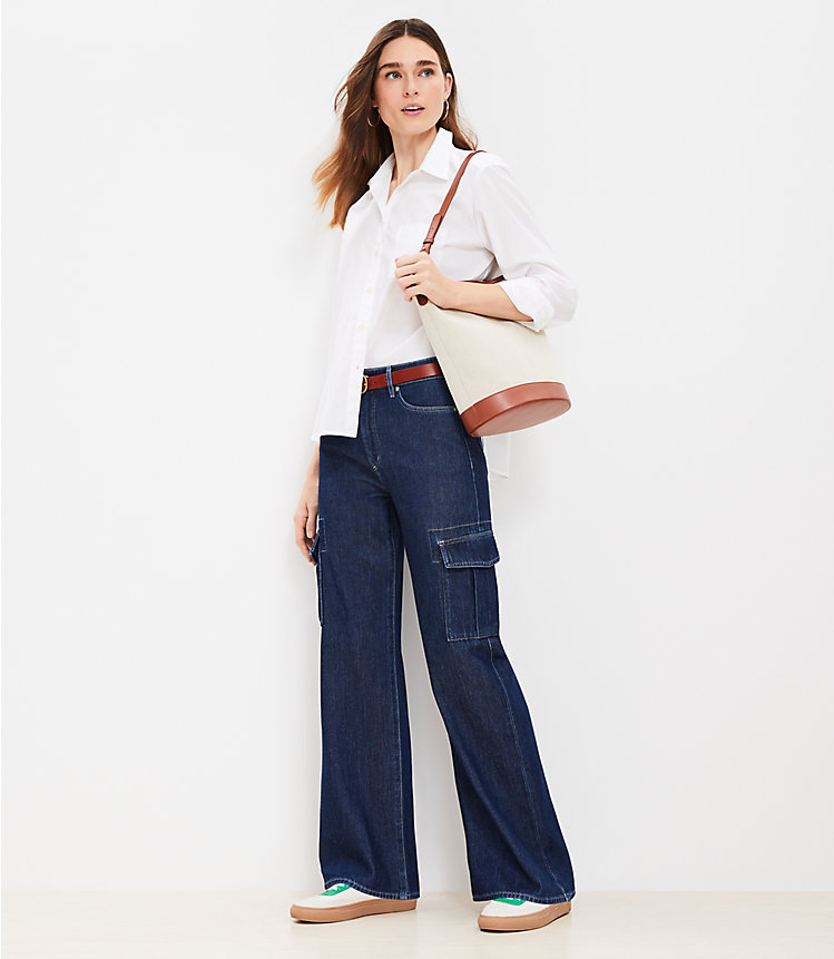 Petite High Rise Wide Leg Cargo Jeans in Dark Wash image number 1