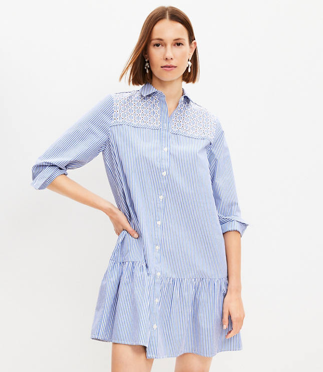 Striped Poplin Pleated Yoke Shirtdress