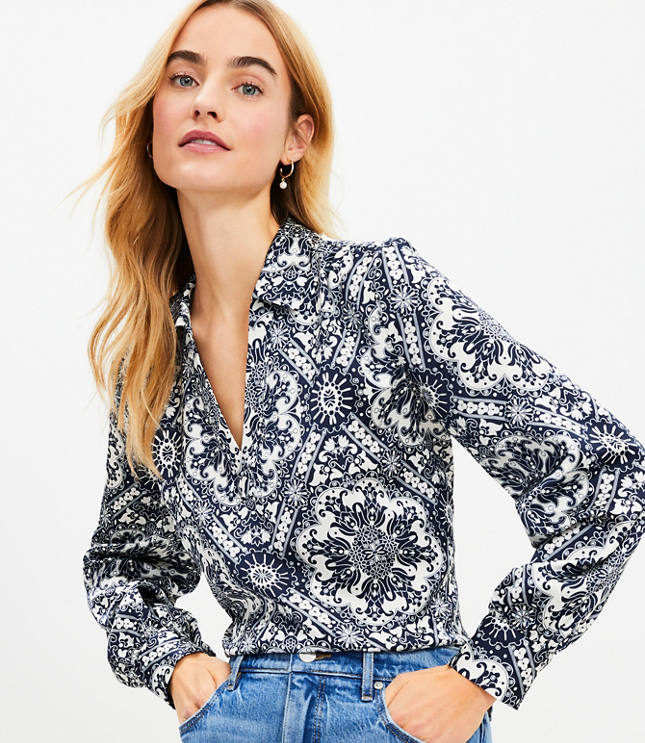 Petite Tie Collared V-Neck Blouse