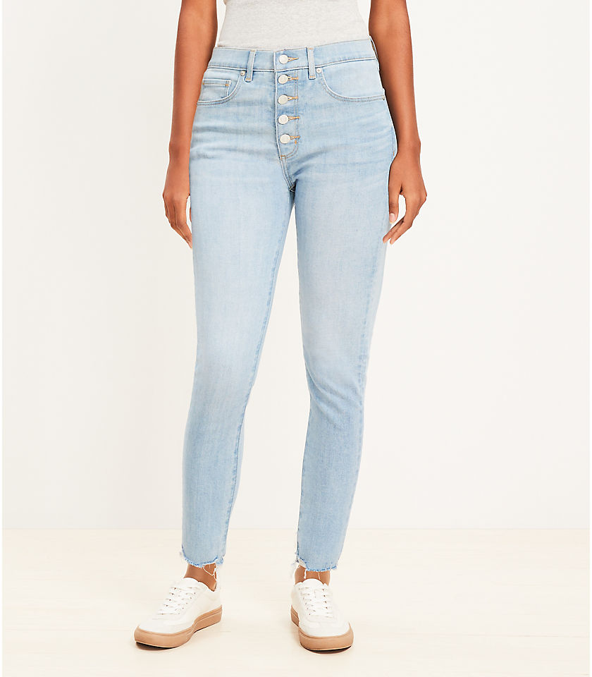 Curvy Destructed Button Front High Rise Skinny Jeans in Light Wash