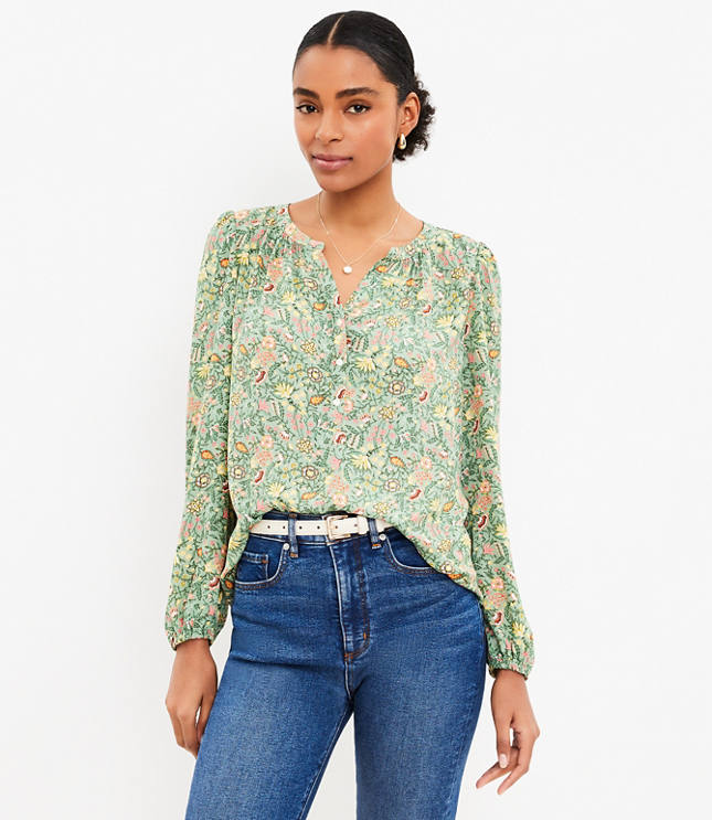 Garden Henley Mixed Media Blouse