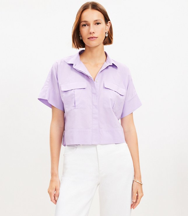 Petite Cotton Blend Modern Drop Shoulder Pocket Shirt