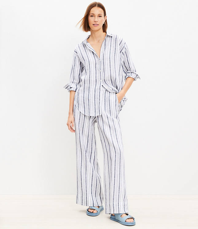 Pull On Wide Leg Pants in Striped Linen