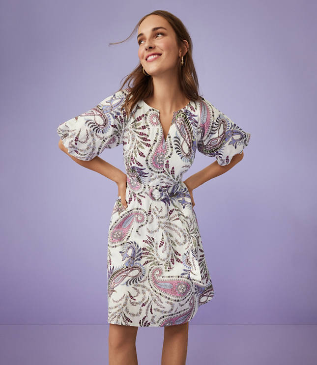Paisley Linen Blend Belted Puff Sleeve Dress