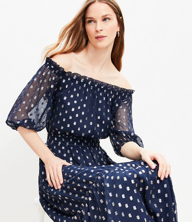 Loft Clip Balloon Sleeve Off The Shoulder Midi Dress