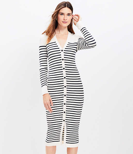 Petite Striped V-Neck Cardigan Midi Dress