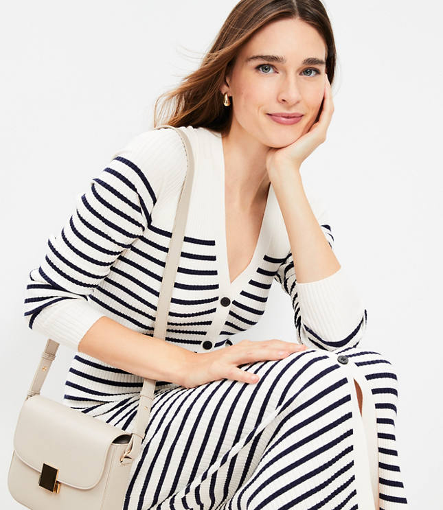 Petite Striped V-Neck Cardigan Midi Dress