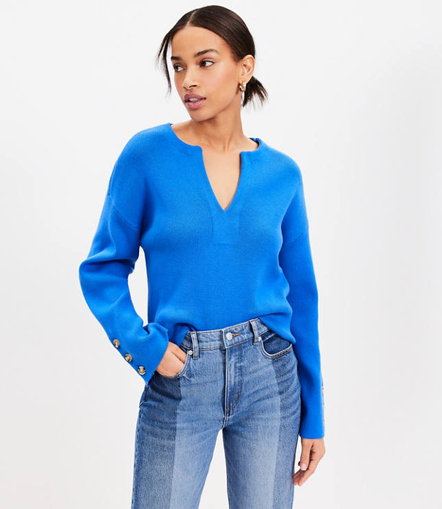 Petite Button Sleeve Split Neck Sweater