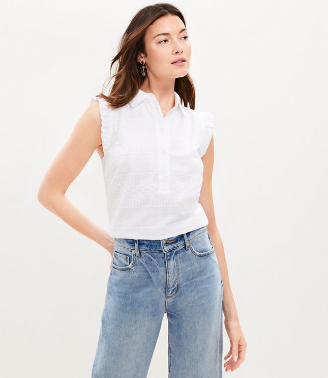 Embroidered Collared Ruffle Henley Top