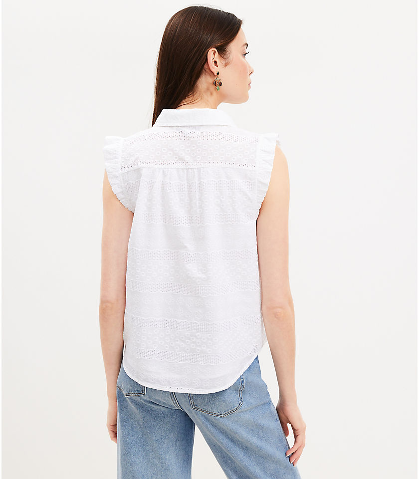 Petite Embroidered Collared Ruffle Henley Top