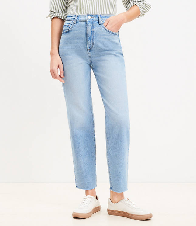 Cuffed High Rise Straight Jeans in Bright Mid Indigo Wash