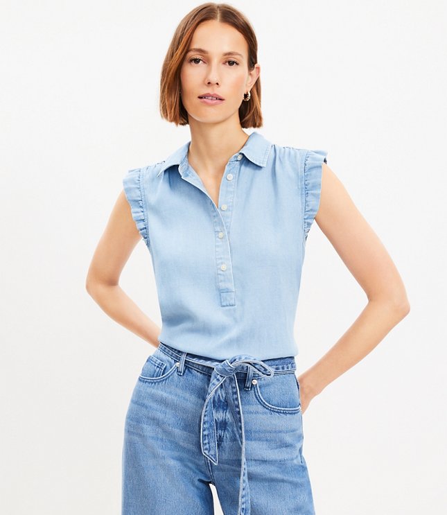 Petite Chambray Collared Ruffle Henley Top
