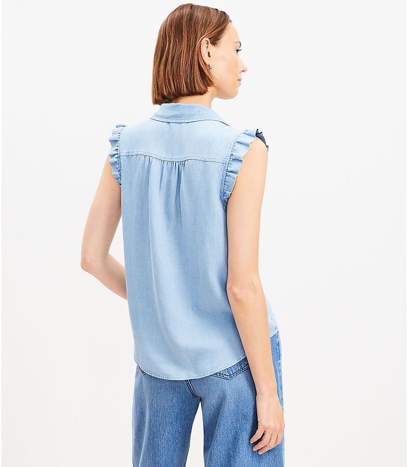 Petite Chambray Collared Ruffle Henley Top