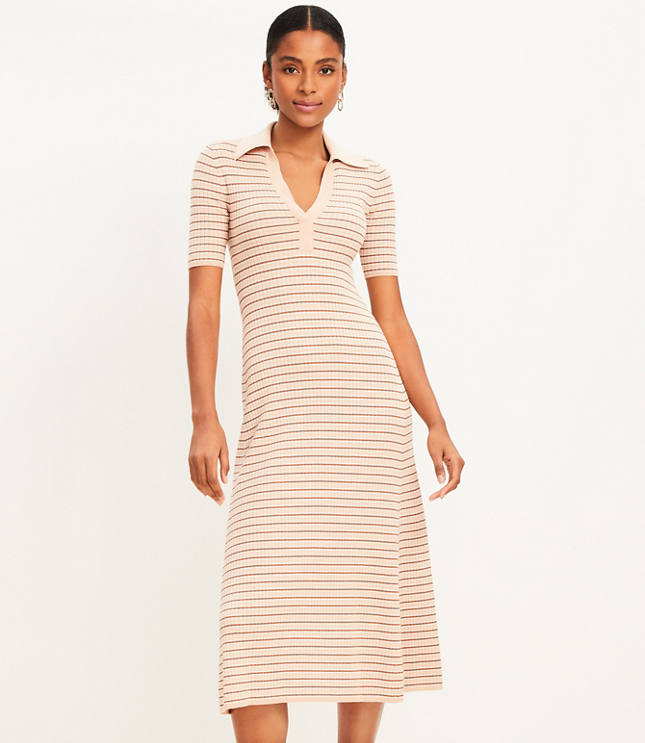 Petite Stripe Ribbed Collared Midi Sweater Dress