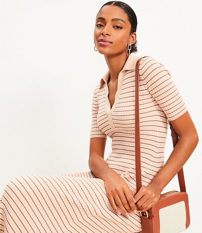 Petite Stripe Ribbed Collared Midi Sweater Dress