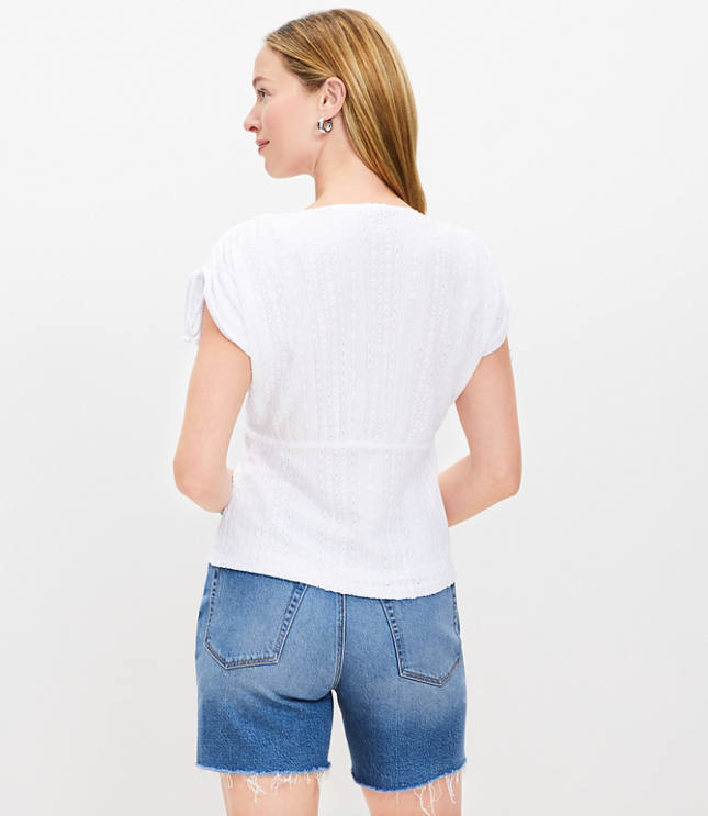 Eyelet Jacquard Ruched V-Neck Top