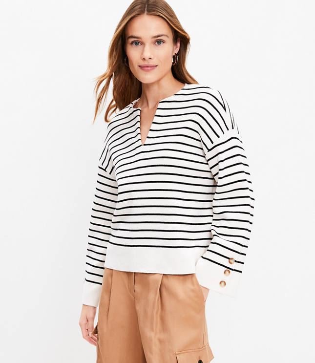 Petite Striped Button Sleeve Split Neck Sweater