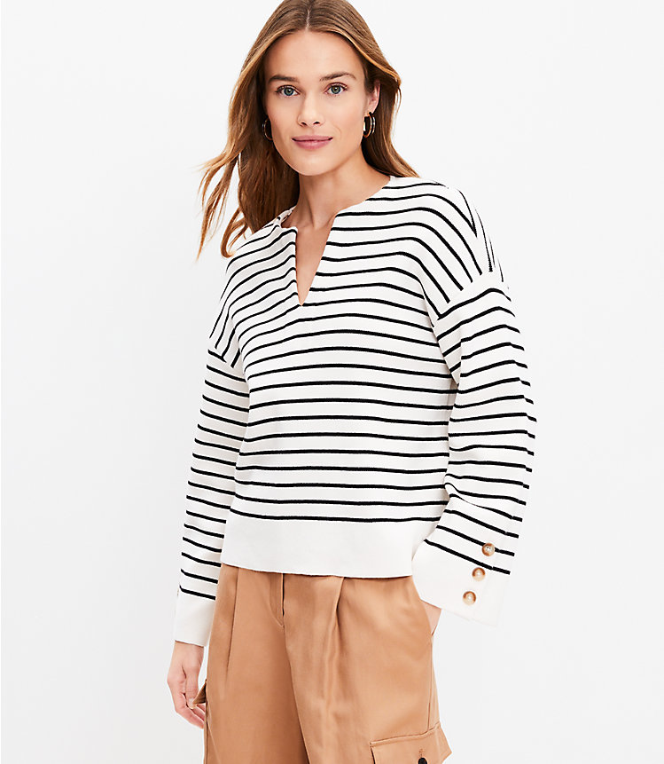 Petite Striped Button Sleeve Split Neck Sweater image number null