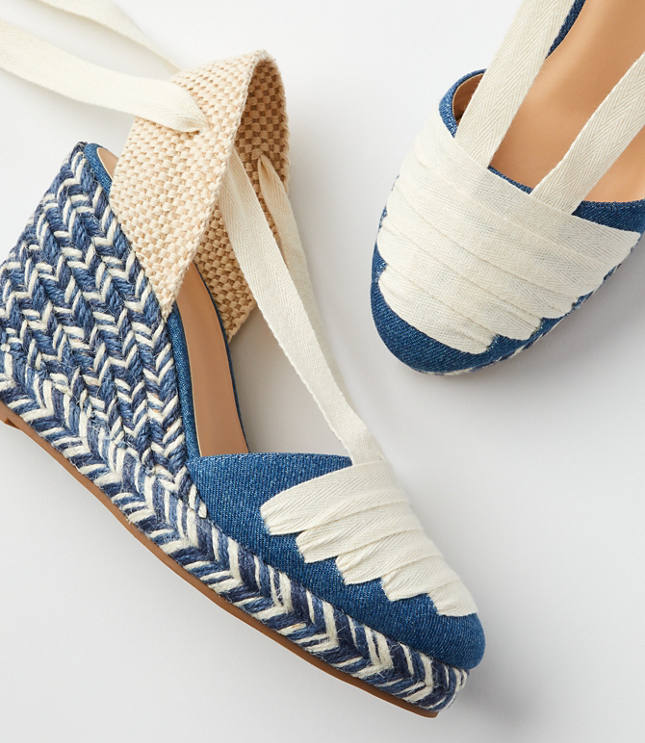 Denim Lace Up Espadrille Wedge Heels