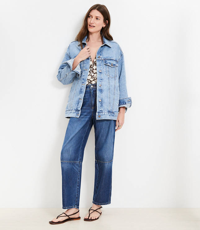 Petite Oversized Denim Trucker Jacket in Light Wash Indigo