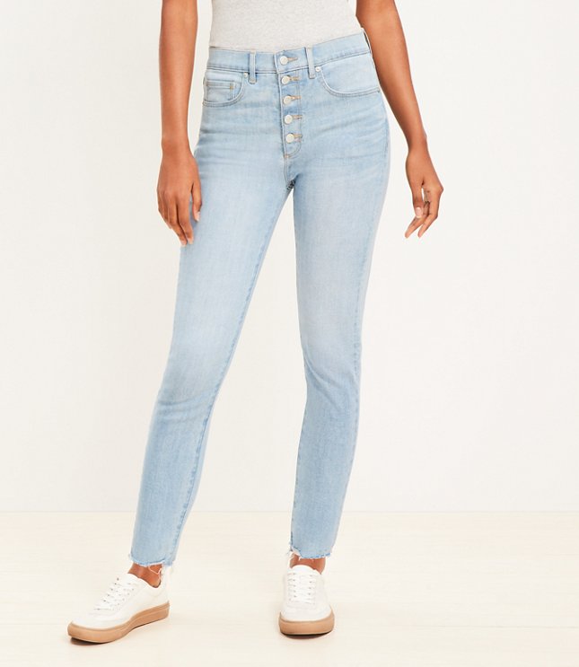 Petite Destructed Button Front High Rise Skinny Jeans in Light Wash