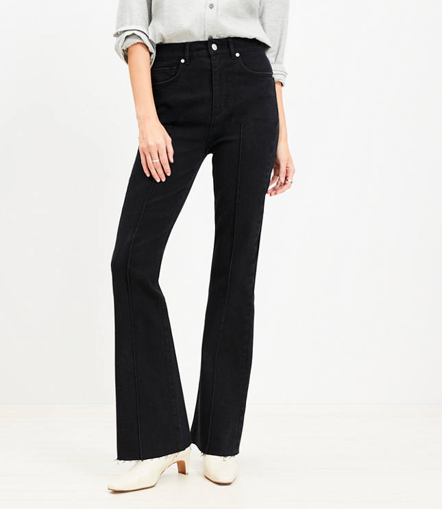 Pintucked Fresh Cut High Rise Slim Flare Jeans in Washed Black