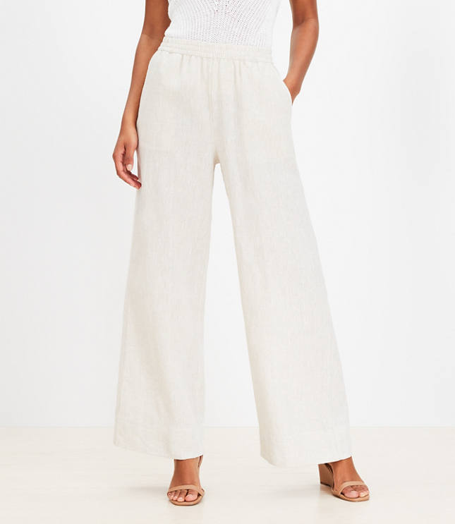 Tall Pull On Wide Leg Pants in Shimmer Stripe Linen Blend - White