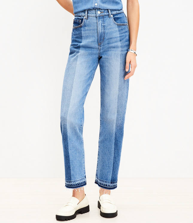 Petite Striped Let Down Hem High Rise Straight Jeans in Original Mid Indigo Wash