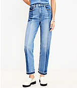Petite Striped Let Down Hem High Rise Straight Jeans in Original Mid Indigo Wash carousel Product Image 1