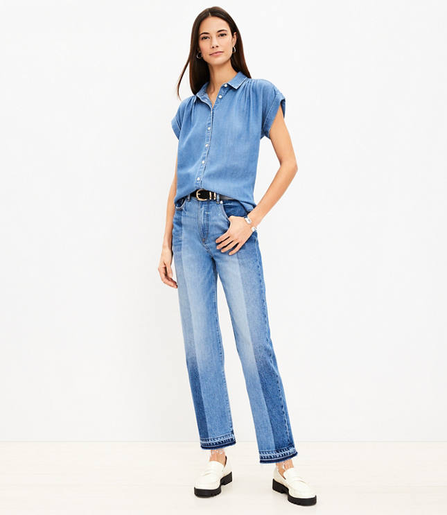 Petite Striped Let Down Hem High Rise Straight Jeans in Original Mid Indigo Wash