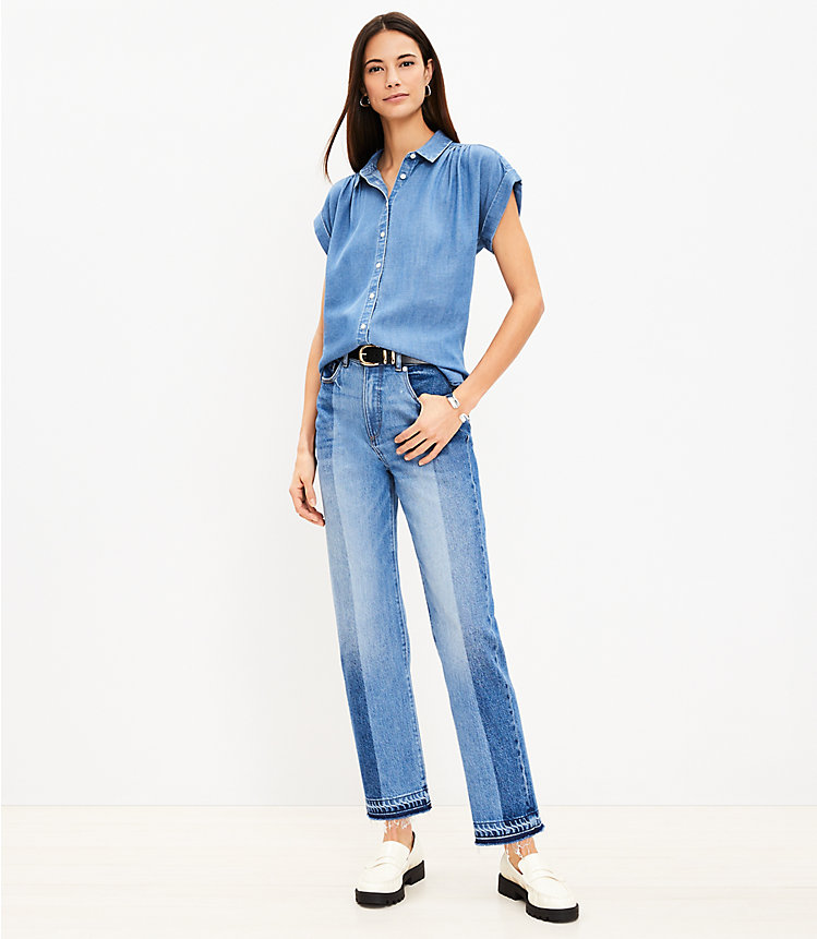 Petite Striped Let Down Hem High Rise Straight Jeans in Original Mid Indigo Wash image number 1