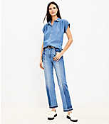Petite Striped Let Down Hem High Rise Straight Jeans in Original Mid Indigo Wash carousel Product Image 2