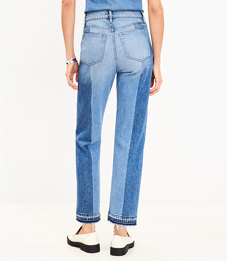 Petite Striped Let Down Hem High Rise Straight Jeans in Original Mid Indigo Wash image number 2