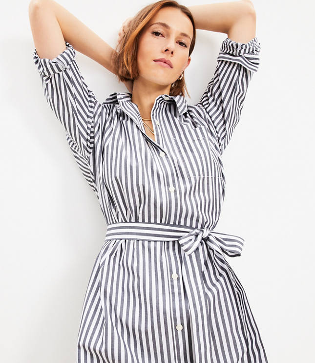 Stripe Ribbed Collared Midi Dress