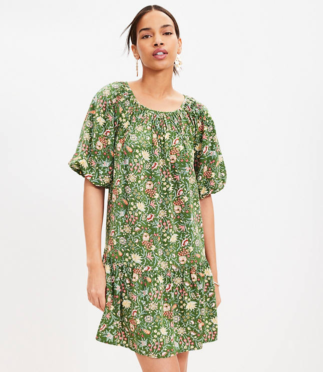 Dobby U-Neck Puff Sleeve Dress