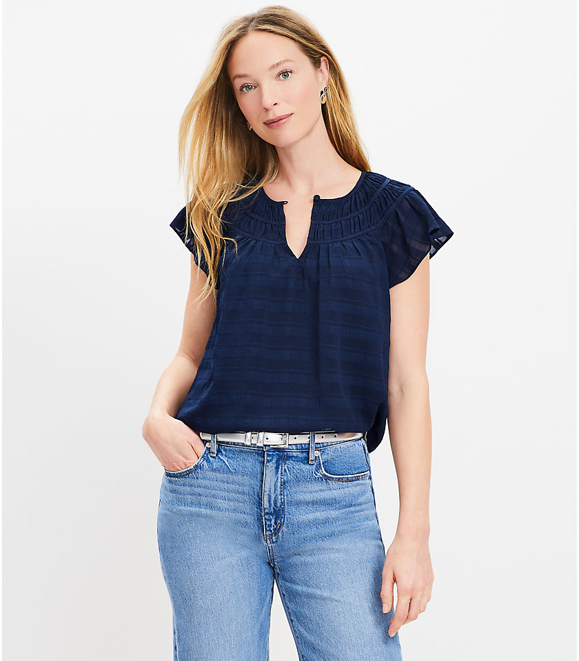 Plaid Textured Ruched Yoke Top