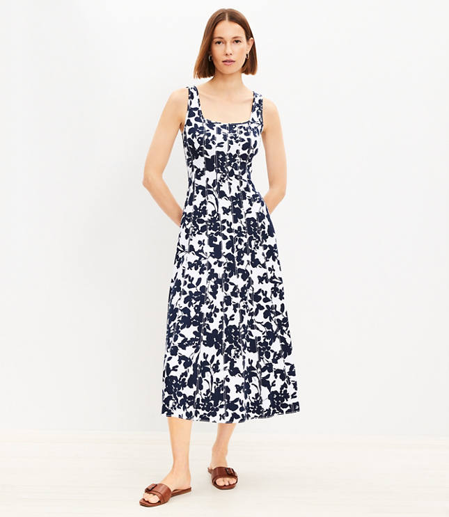 Petite Jacquard Button V-Neck Swing Dress