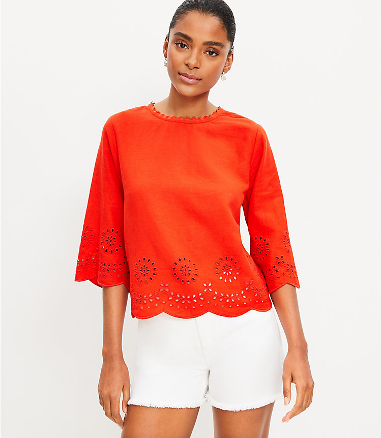 Petite Embroidered Scalloped Linen Blend Blouse image number 0