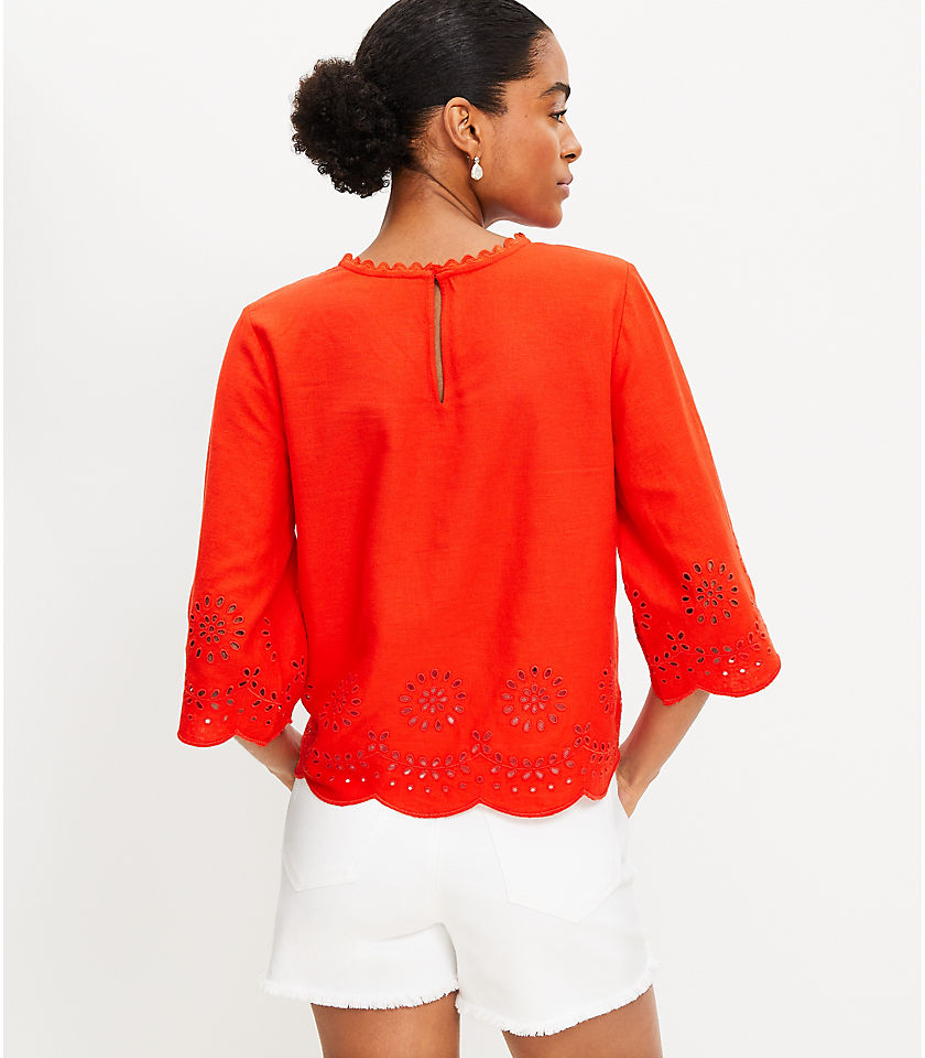 Petite Embroidered Scalloped Linen Blend Blouse