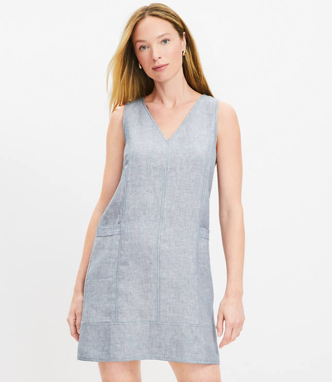 Petite Chambray Linen Pocket Sheath Dress