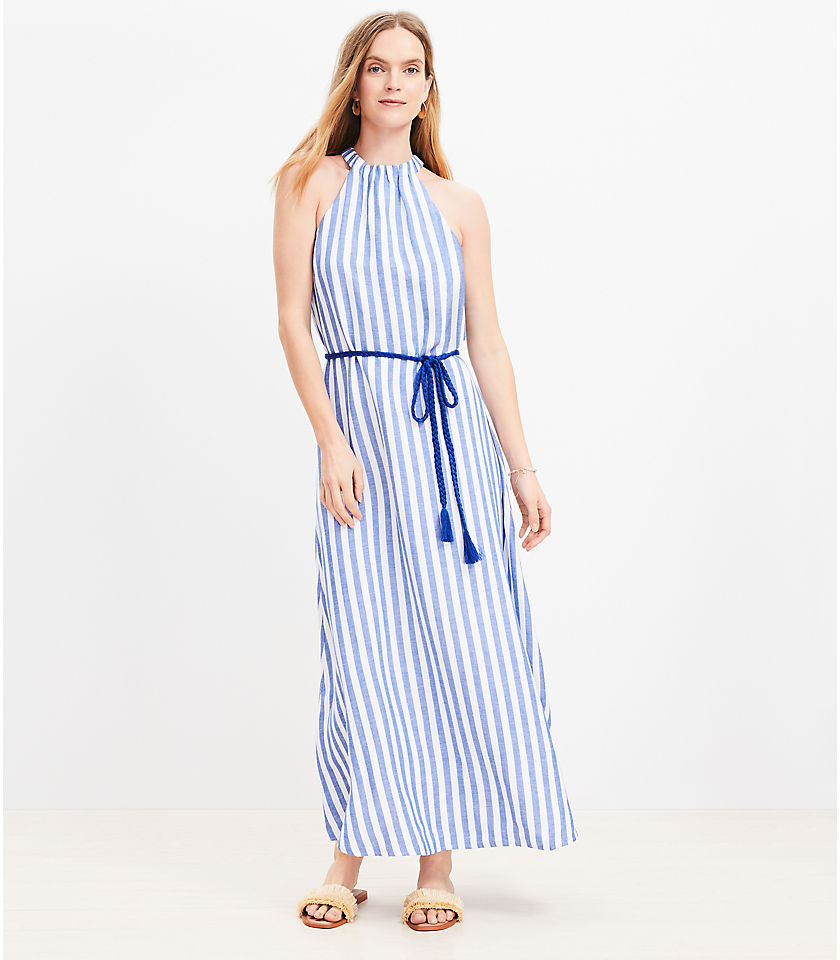 Petite Striped Linen Blend Belted Halter Maxi Dress