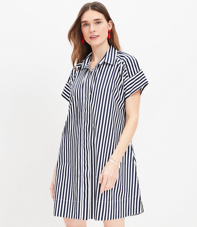 Petite Striped Poplin Short Sleeve Pocket Shirtdress