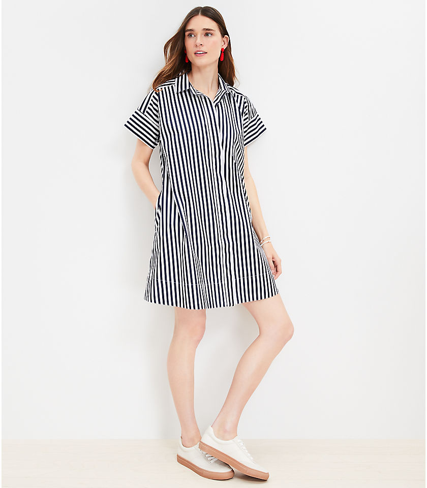 Petite Striped Poplin Short Sleeve Pocket Shirtdress