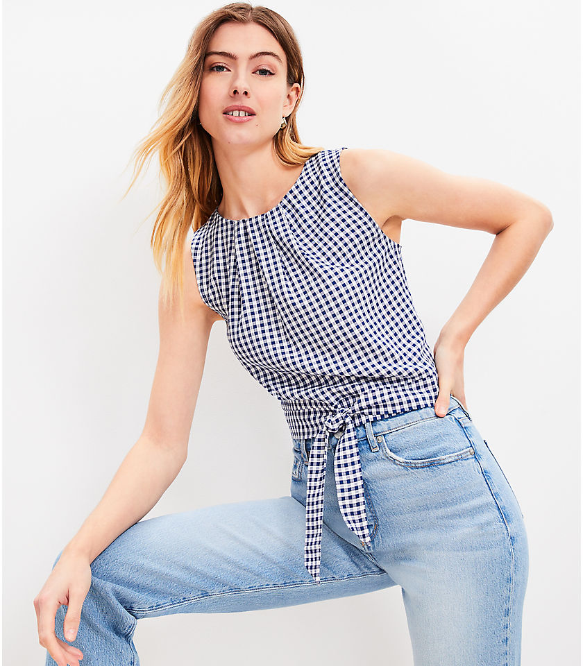 Gingham Pleated Tie Waist Bubble Tank Top