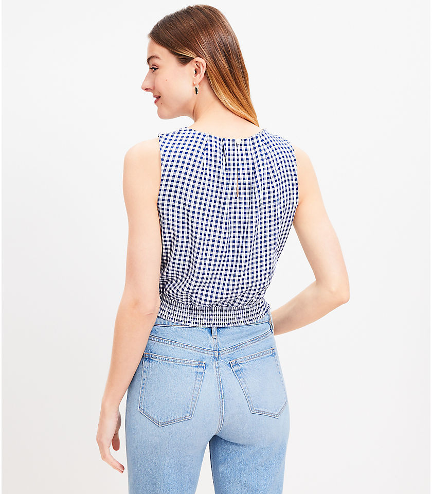 Gingham Pleated Tie Waist Bubble Tank Top