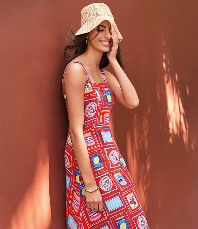 Can Print Linen Blend Strappy Midi Dress